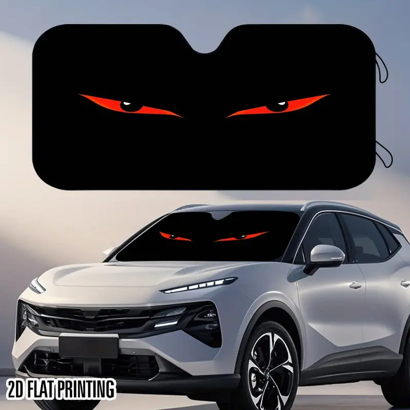 Universal Foldable Car Windshield Sun Shade, Black Background Fiery Red Sharp Evil Eyes Graphic Print, UV Heat Block Front Window Sun Visor, 2D Flat Printed Windshield Sunshade, Comes With 2 Free Suction Cups Fit Most Cars SUV Trucks