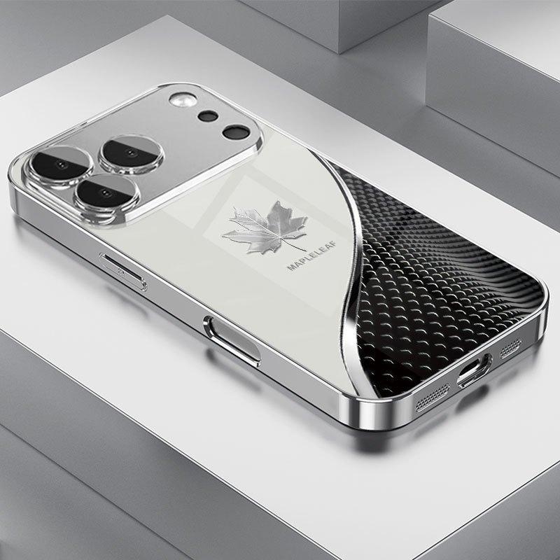Tech-inspired curved silver maple leaf pattern electroplated high-definition glass phone case for iPhone 17 16 15 14 13 12 11 pro max, stylish protective case, luxurious glass case, suitable as a gift for friends and couples
