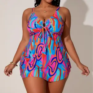 2026 Plus Size Abstract Print Tankini Swim Dress, V Neck Tie Front Cutout Tummy Control Bathing Suit with Built-in Briefs, Modest Curvy Swimwear for Beach Vacation