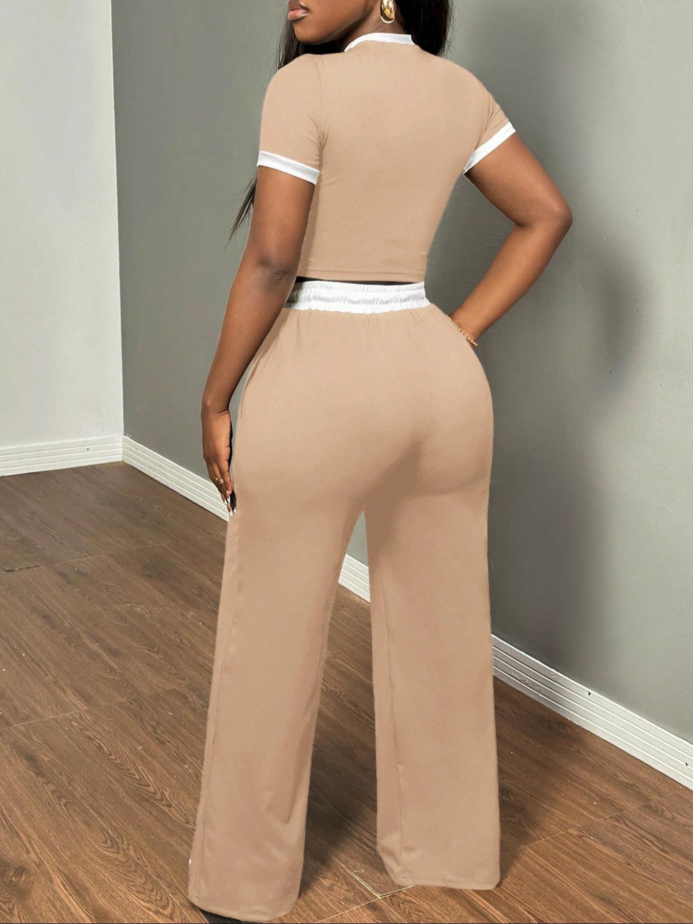 Women's Casual Colorblock Slim Fit Round Neck Short Sleeve Top & Drawstring Waist Side Pocket Pants Two-Piece Set Outfit