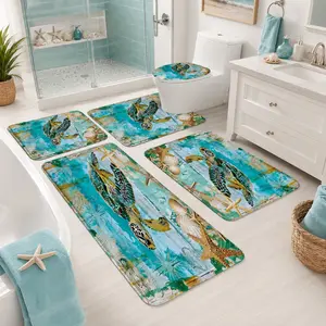 3/5Pcs Sea Turtle Bathroom Rug Set, Vintage Nautical Map Starfish Shell Non-Slip Absorbent Bath Mat, Toilet Lid Cover & U-Shaped Mat, Coastal Ocean Beach Home Decor for Sea Lovers