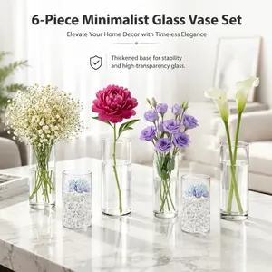 6 Pack Clear Cylinder Glass Vases, Thick Base Straight Tall Glass Flower Vase for Table Centerpiece Home Wedding Floral Decor