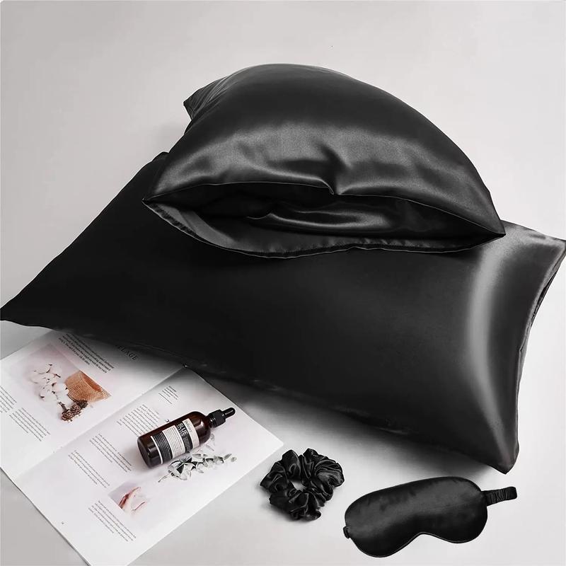 Cozy Room Accessories Solid Color Satin Pillowcase without Filler, 4 Counts Home Accessories Including 2 Pillowcase & 1 Hair Ring & 1 Eye Mask, Room Decor, Valentine's Day Gift