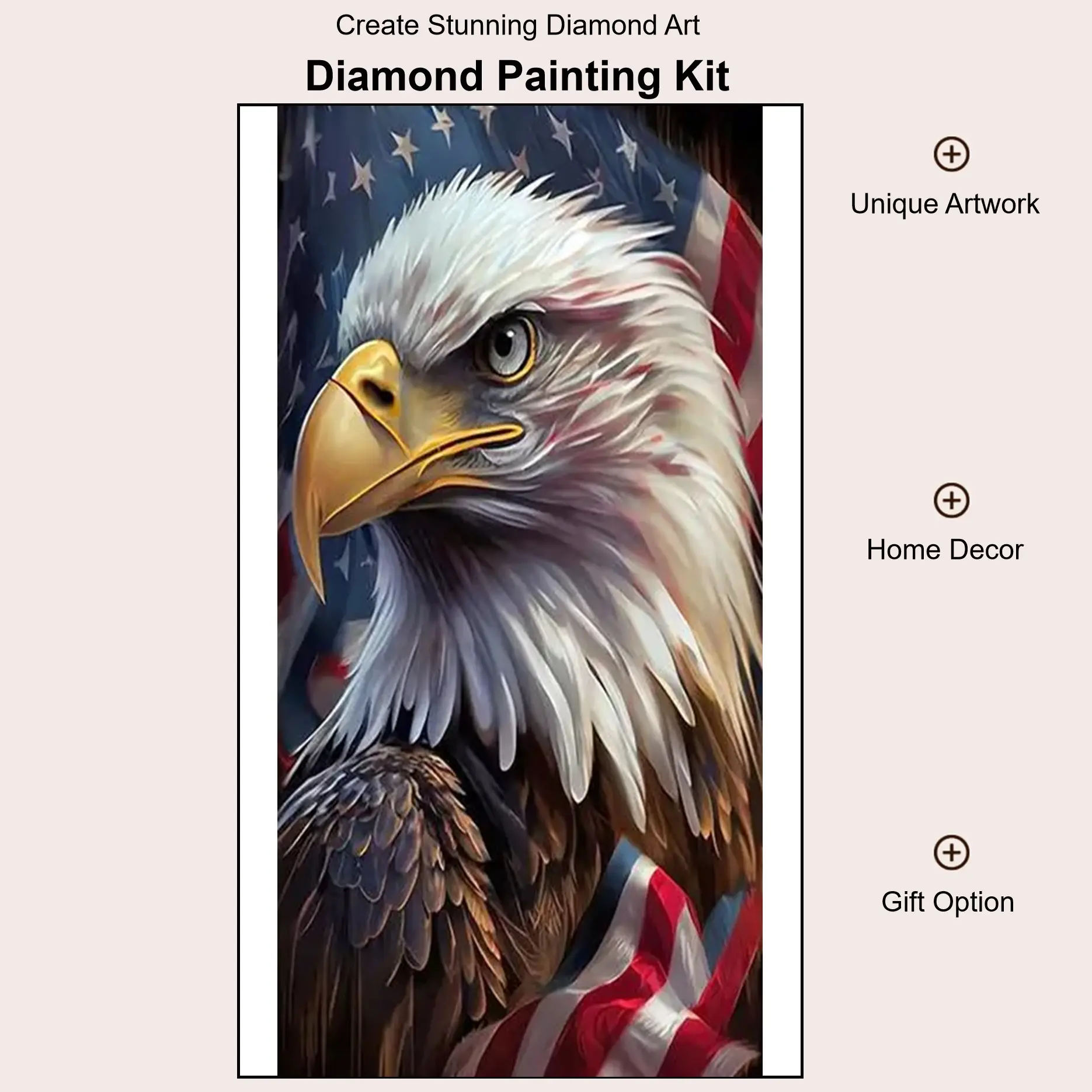 5D DIY Diamond Painting Kit - Majestic Bald Eagle Head Close Up With American Flag Background, Patriotic USA Wildlife Oil Painting, Perfect for Fourth of July, Veteran, Father’s Day Gifts, Patriotic Man Cave Wall Decor & Relaxing Hobby Crafts!