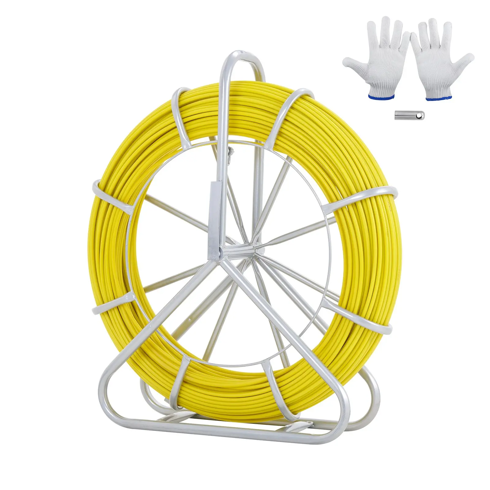 VEVOR Fiberglass Fish Tape Cable Puller, 656 ft x 1/4 in Duct Rodder with Steel Reel Set, Marked Wire Running Rod, 3 Pulling Heads, Non-Conductive Fishing Tool for Walls, Electrical Conduit