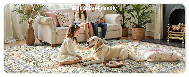 8x10 Area Rugs, Machine Washable Low Pile Floral Faux Cashmere Rugs for Living Room, Bedroom, Large Boho Area Faux Cashmere Rug with Non-Slip Backing for Dining Room(Beige Floral)