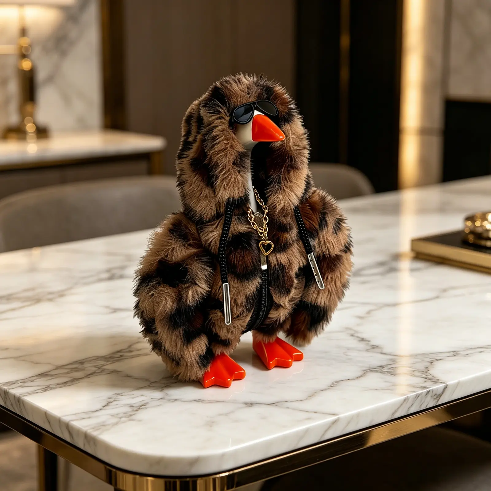 3 Pcs 7 inch Desk Goose Outfit Set Faux Fur Zipper Hooded Sweatshirt with Sunglasses and Necklace