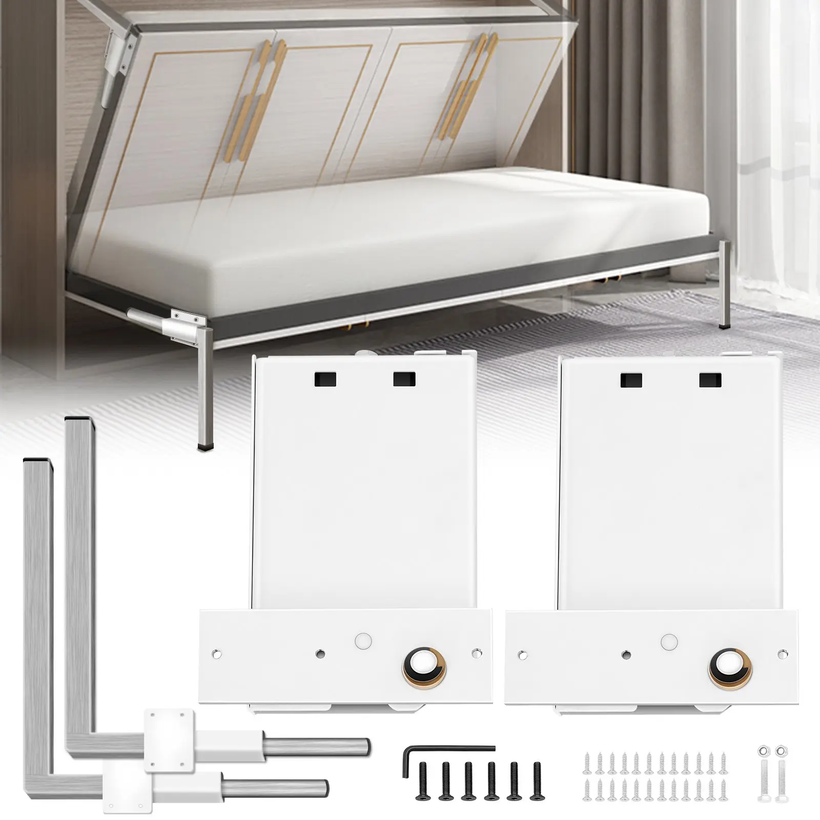 VEVOR Heavy-Duty Iron+Steel Murphy Bed Wall Springs Mechanism Kit, 0.9m Horizontal, Easy Setup, Rebound Force Support Hardware for Twin/Queen Size Beds, White, Tool Upgrade