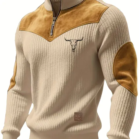 Men's Fall Winter Stand Collar Half-Zip Sweatshirt, Bull Head Print, Western Retro Casual Durable Knitwear, Warm and Comfortable, Outdoor and Commute Wear