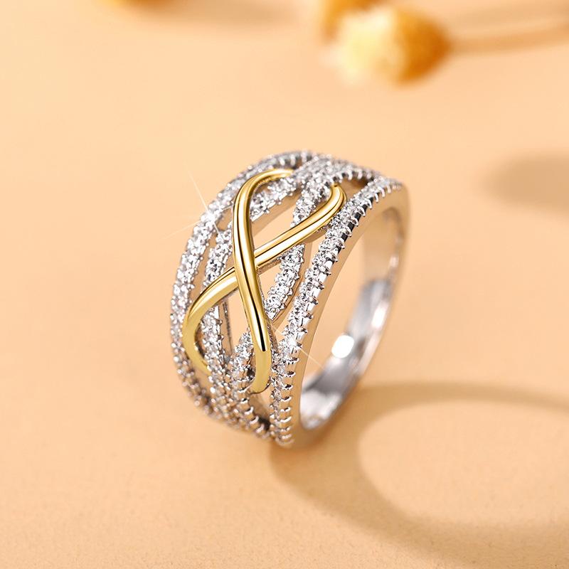 Glimmer Drop Women's Trendy Infinity Symbol Ring | 8-Character Hollow 3D Design, Two-Tone Gold & Silver Statement Ring | Cubic Zirconia Embellished Fashion Index Finger Ring, Infinite Love Character Stylish Jewelry for Daily & Party
