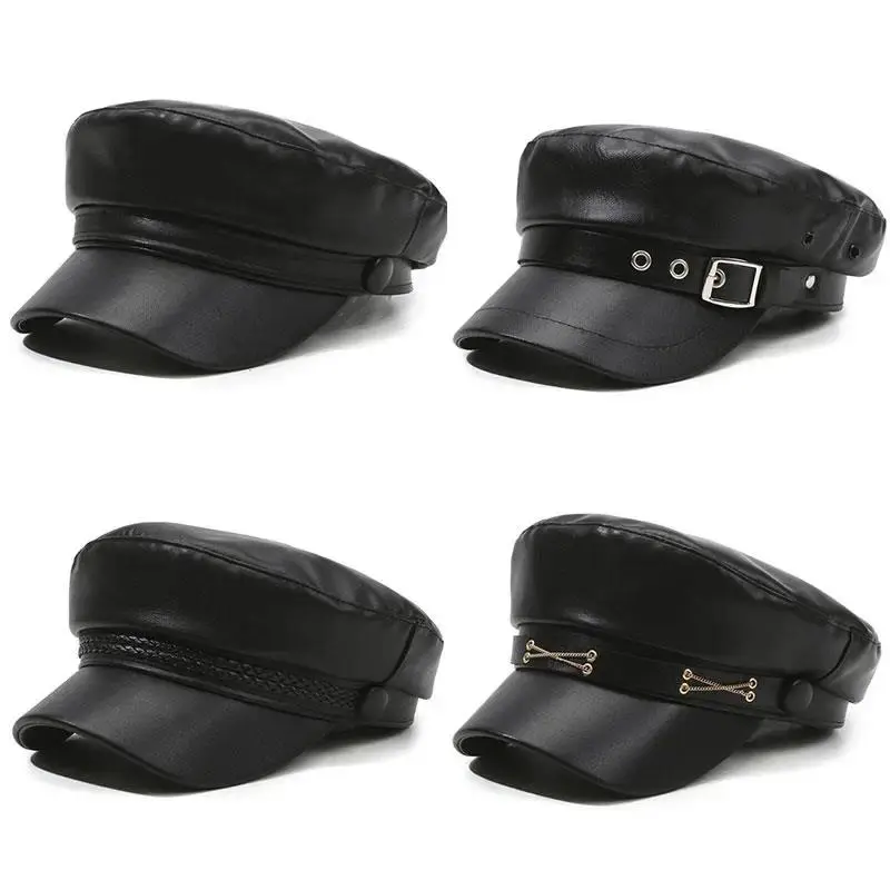 British Style Berets Visor PU Leather Flat Top Hat Retro Black Painter Hat Classic Versatile Adjustable Beret Casual Sun Hats