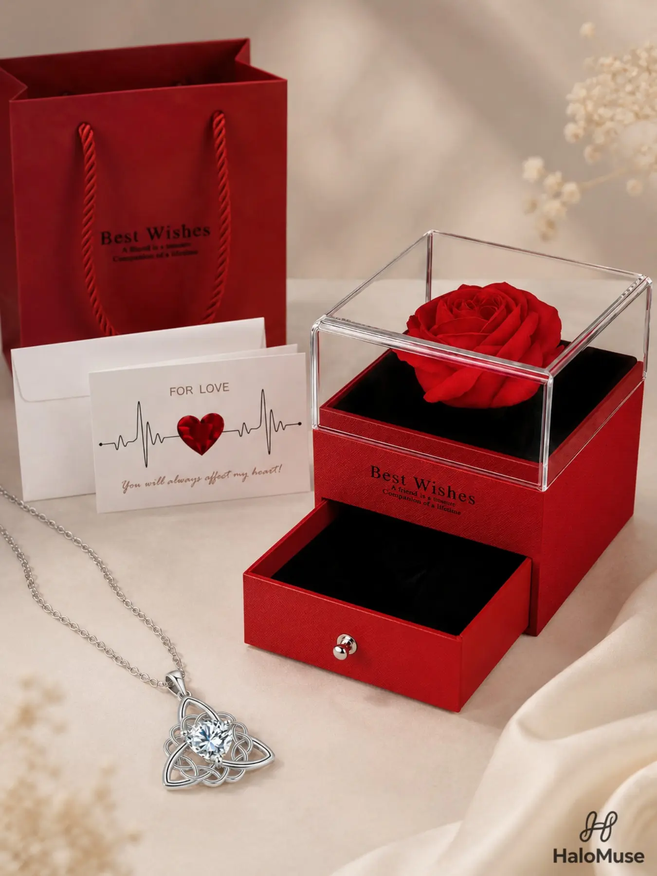Halo Muse 1 Set Celtic Knot Heart Crystal Necklace Gift Set, Elegant Silver-Tone Triquetra Pendant with Red Rose Gift Box & Card for Women, Birthday, Anniversary, Valentine’s Day Gift