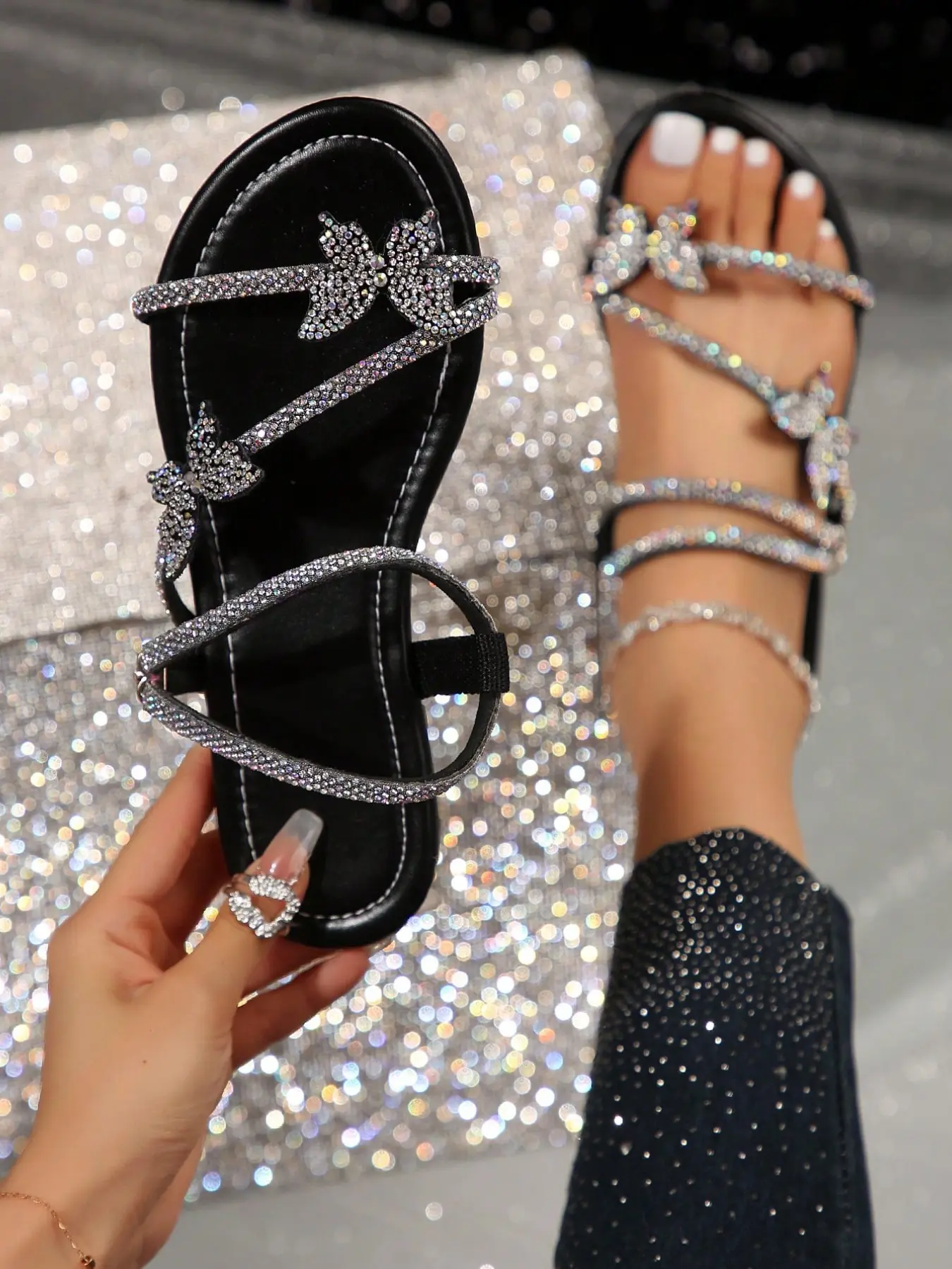 French Retro Rhinestone Flat Sandals, Square Toe PU Leather, Medium Width, Perfect for Dates, Parties, Beach, Home, Casual Wear, Embellished Sandals, Fancy Sandals