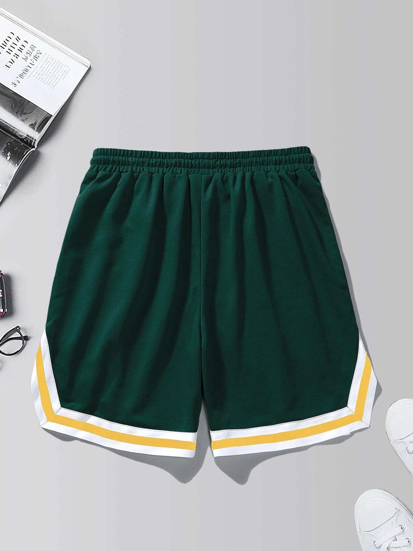 Men's Cross & Letter Print Drawstring Baggy Shorts, Loose Casual Streetwear Striped Trim Elastic Waist Pocket Track Shorts Polyester for Summer, Fashion Men's Baggy Bottoms for Daily Wear
