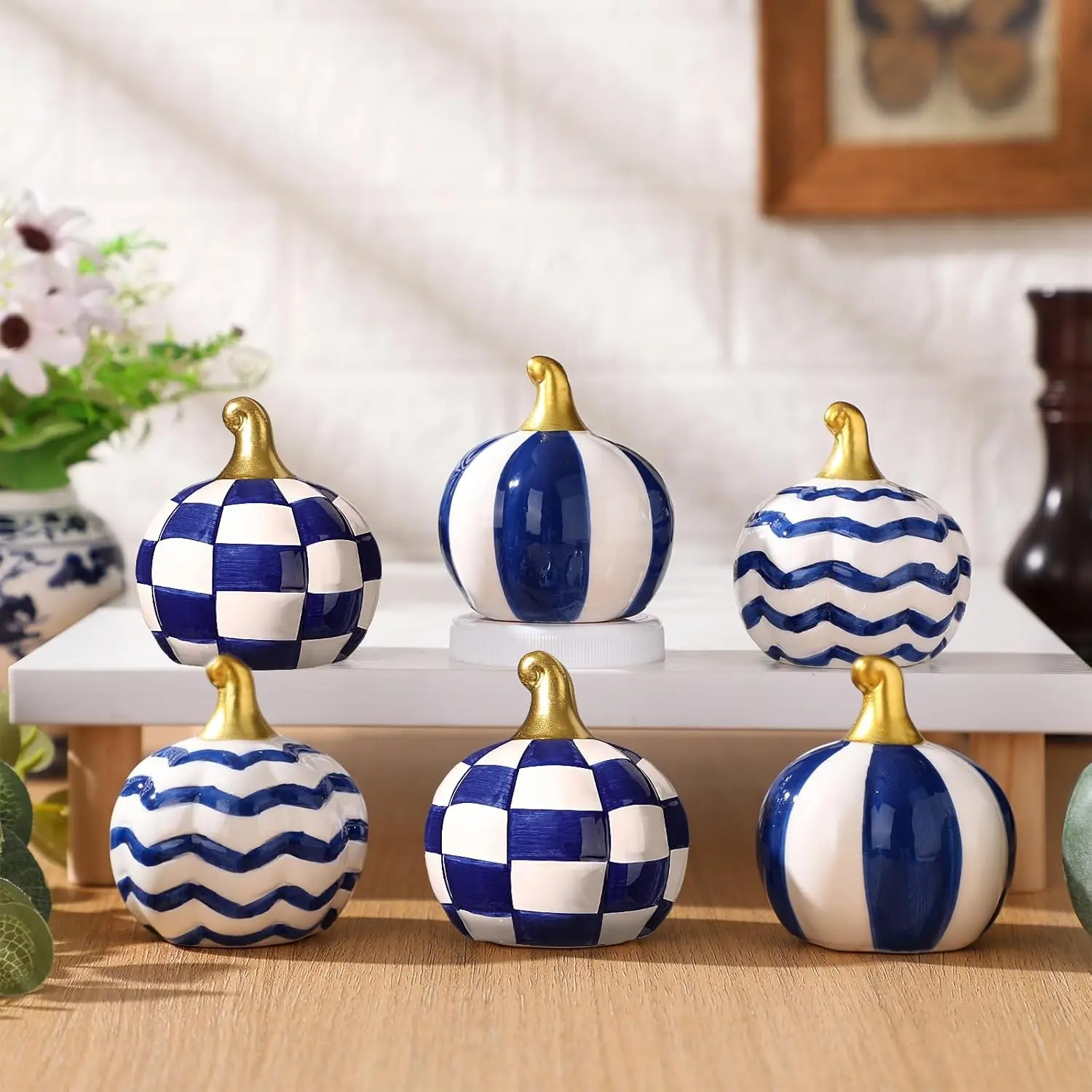 DoubleFill 6-Piece Grid Blue Ceramic Chinoiserie Corn-Themed Pumpkins - Shiny Water-proof Kitchen Table Centerpiece, Fall Farmhouse Porcelain Ornaments for Tiered Tray Mantel, Thanksgiving Gift, Wedding