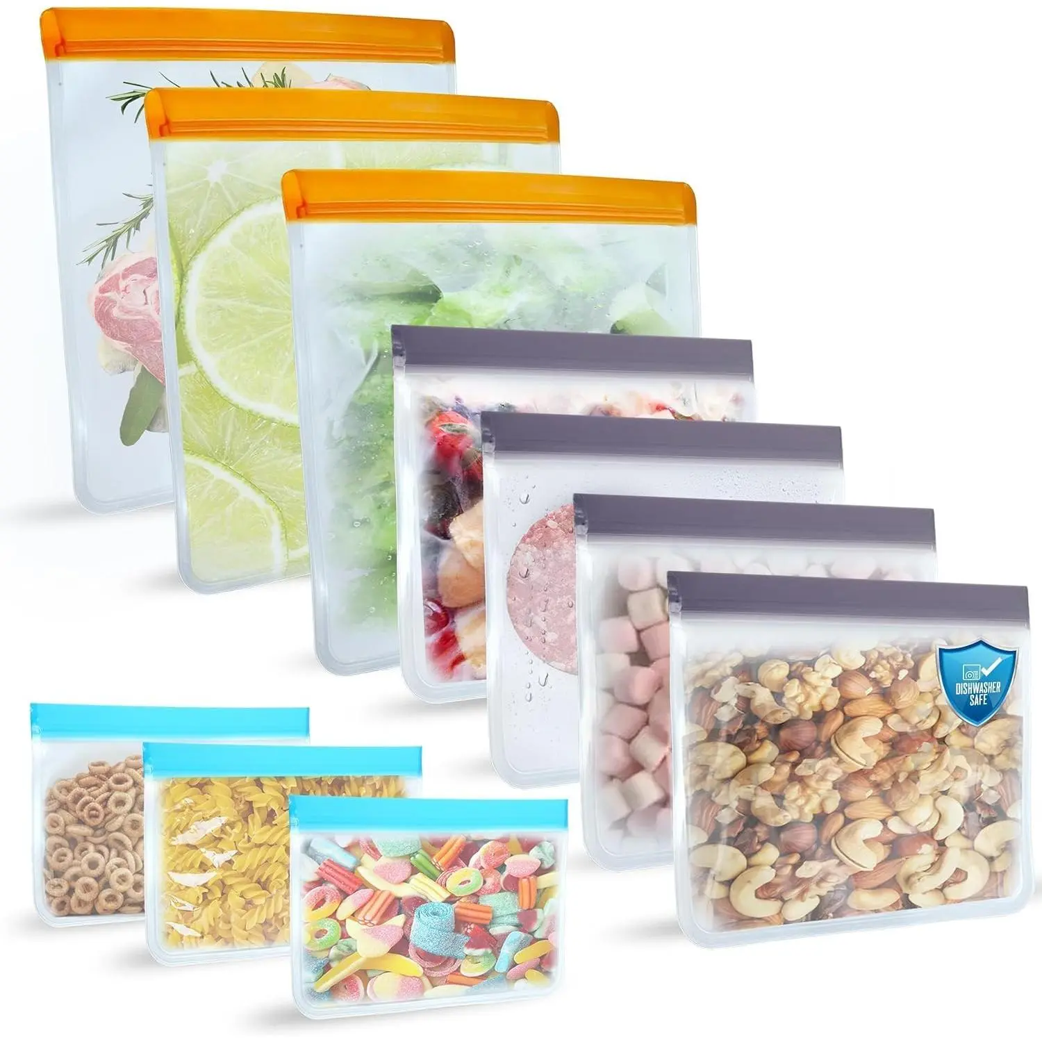 10 Pack Dishwasher Safe  Bags, Leakproof  Freezer Bags,   Storage Bags for Lunch, Marinate and Travel, 3 Gallon, 4 Sandwich, 3 Snack Bags