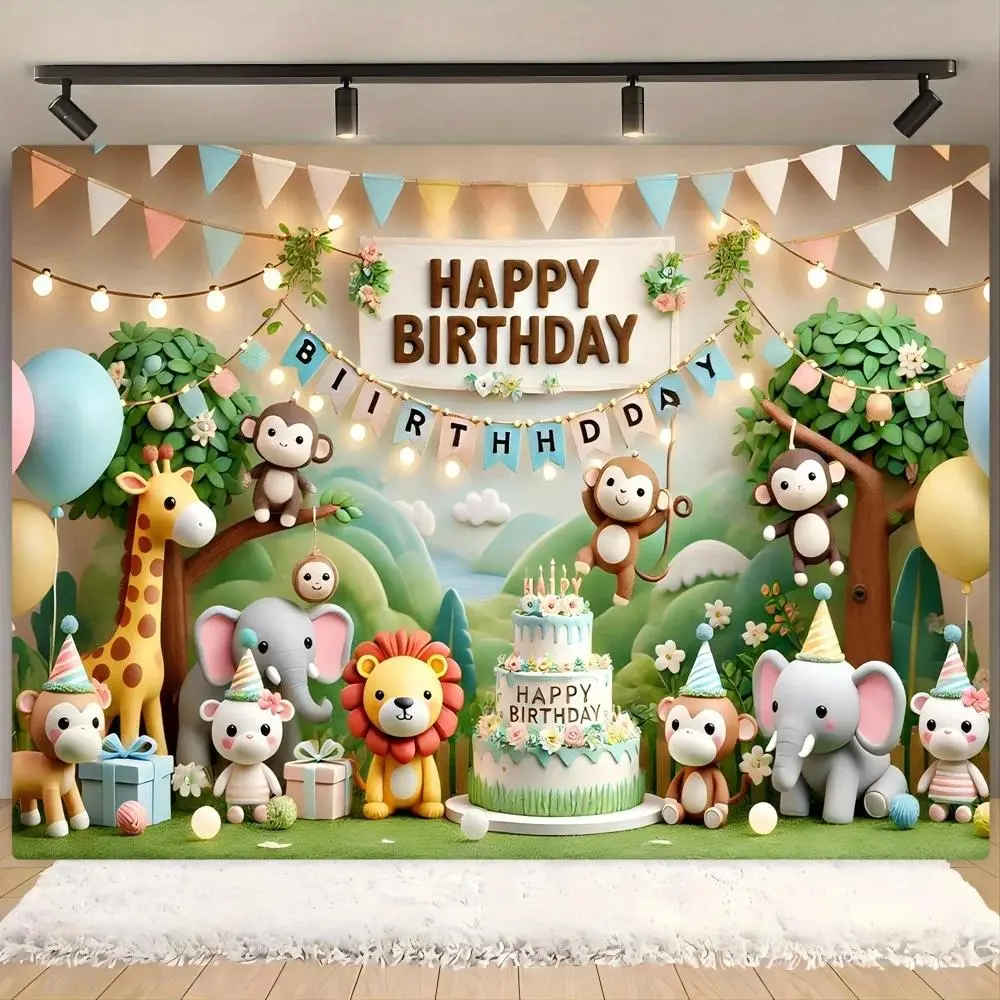 Animal Birthday Party Backdrop Background Cloth, Cute Wildlife Tapestry Wall Hanging Photography Background Premium Polyester Fabric Celebration Decor, Birthday Party Setup, Photo Booth Prop, Event Decoration, Studio Portrait Background