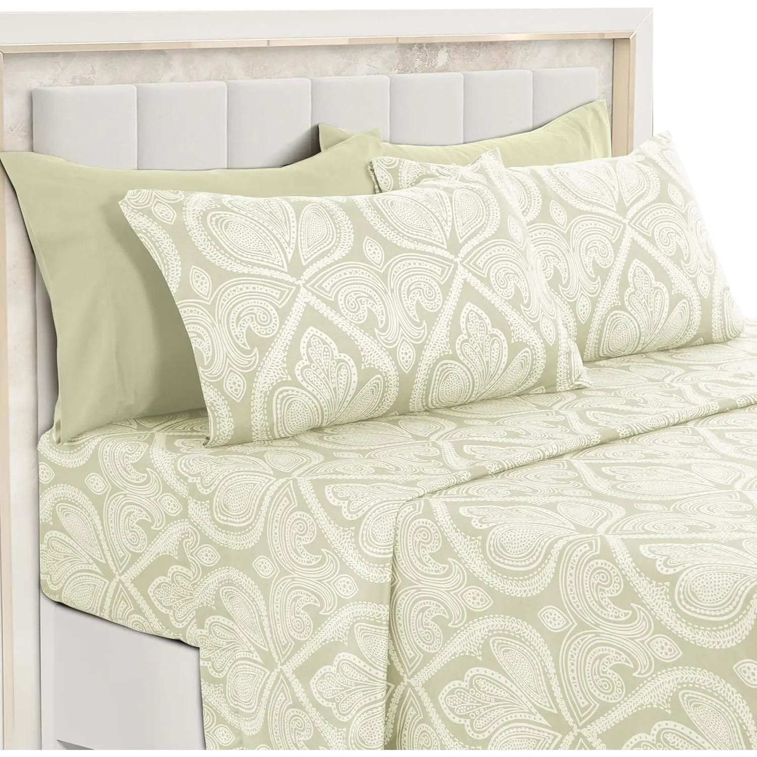 Ivory Paisley Sheet Set, Queen - Soft Deep| Cooling Wrinkle-Free Microfiber, Boho Floral Print| 6 Piece Set: Fitted, Flat Sheet & 4 Pillowcases| OEKO-TEX, Easy Care
