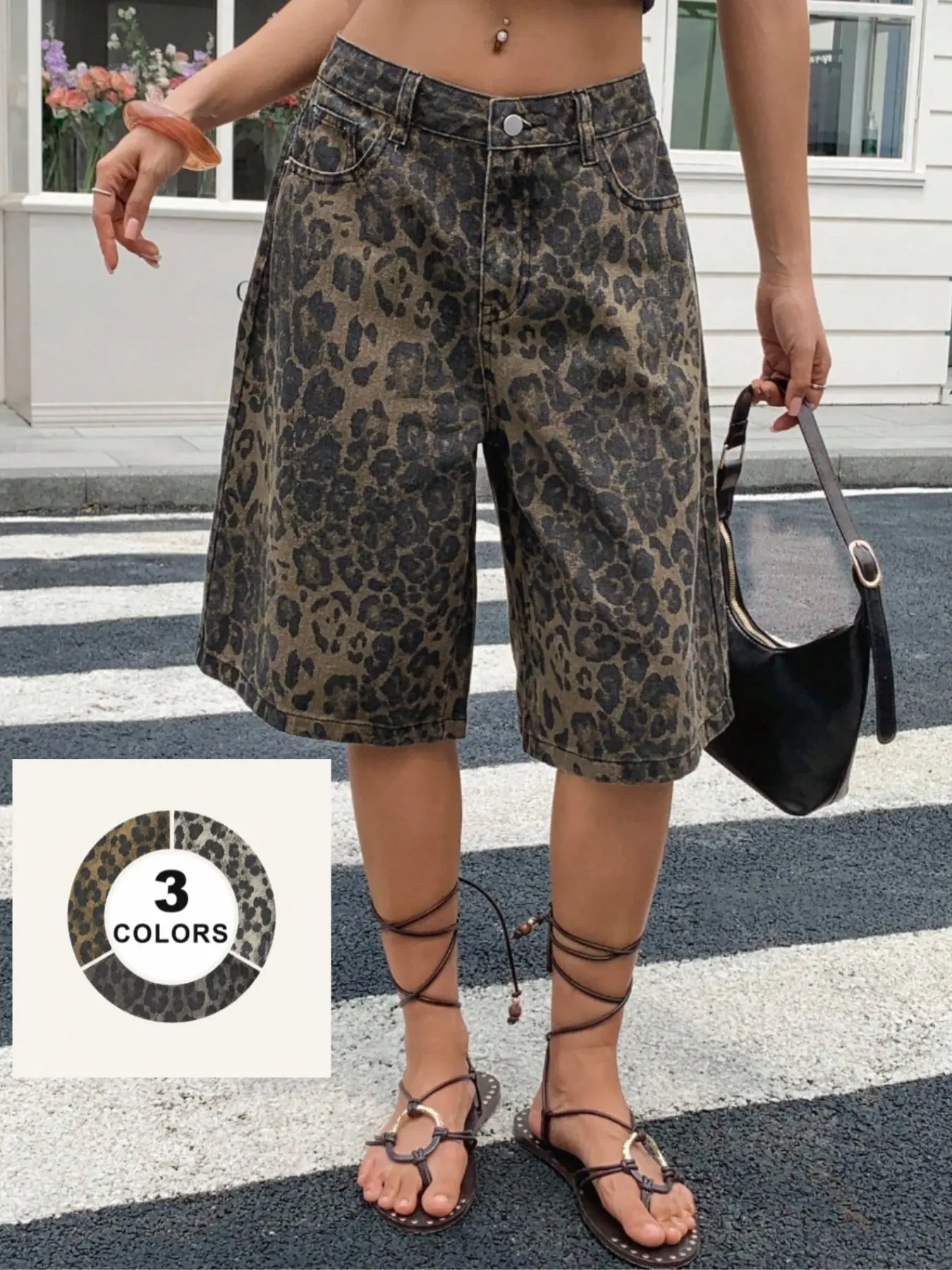 Women's High-Waisted Baggy Leopard Print Jeans, Streetwear Cool Personality Design, Fashion Versatile Casual Mid-Length Pants Bottom