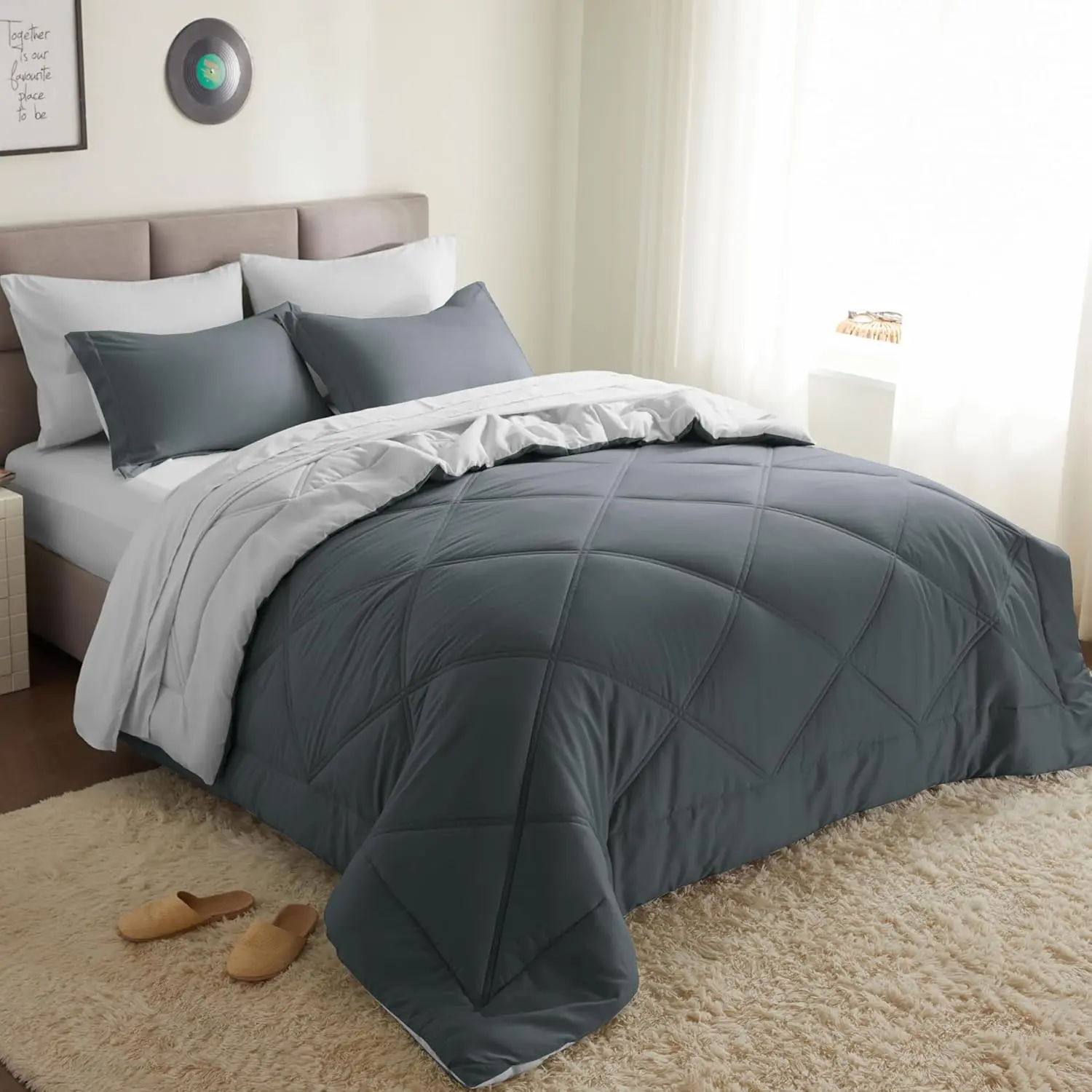 Queen Comforter Set with Sheets Dark Grey, 7 Pieces Queen Bed Set with 1 Down Alternative Comforter, 1 Flat Sheet, 1 Fitted Sheet, 2 Pillowcases and 2 Pillow Shams, Bed in a Bag All Seasons