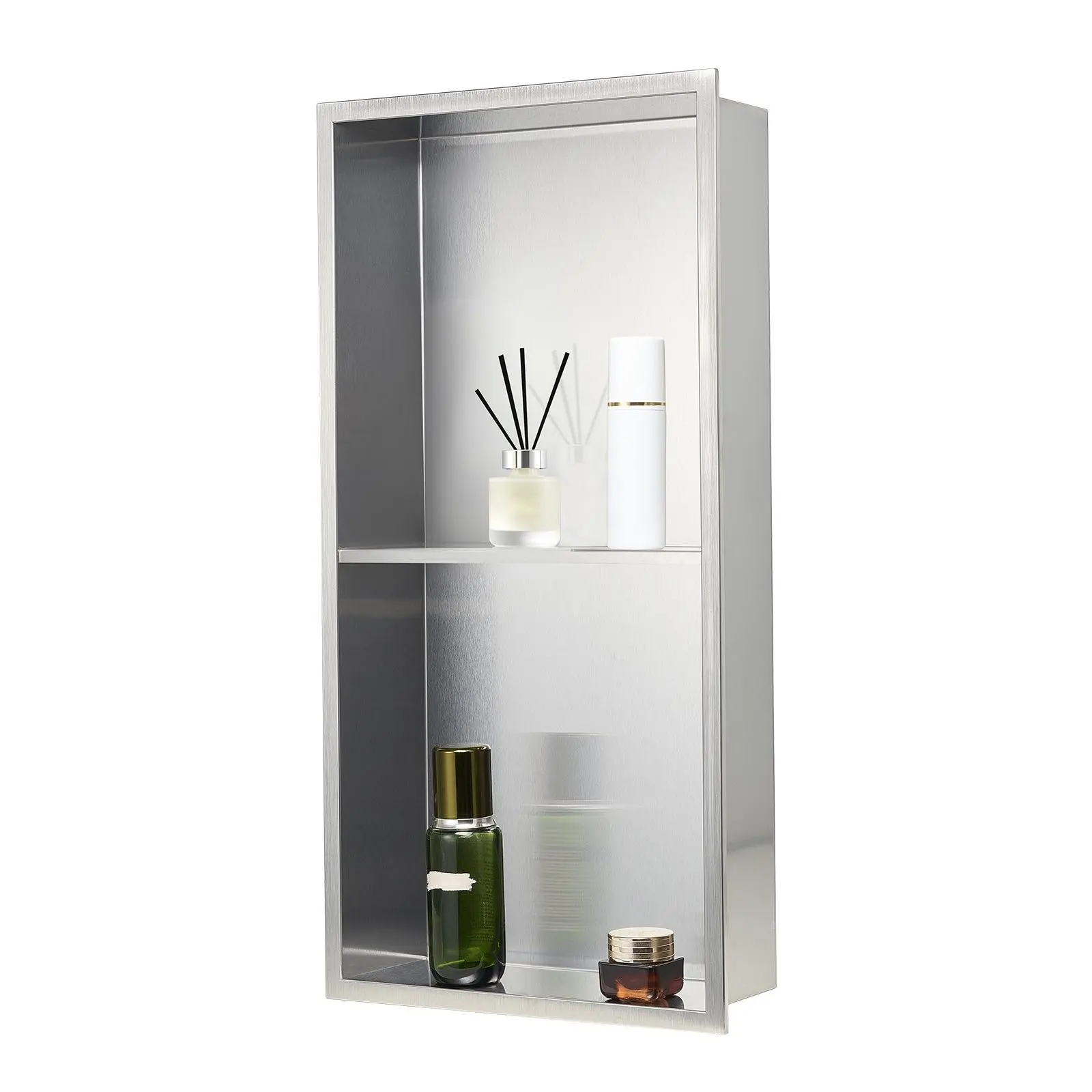 VEVOR Shower Niche, 13x 25x 4 inch Recessed Wall Niche Double-layer, with Hollowed-out Divider, Heavy-duty Stainless Steel Modern Shampoo Storage Organizer, Waterproof, Silver for Bathroom