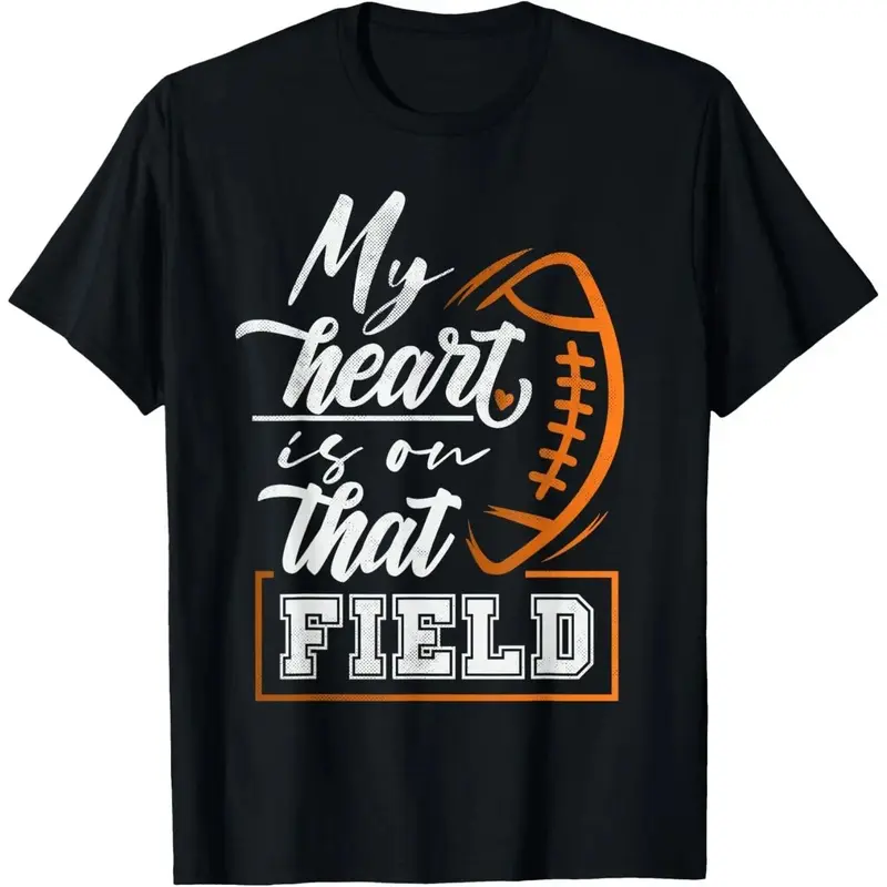 Heart On The Field Football Mom Game Day Womens Cotton T Shirt Casual Graphic Tee Sporty Fan Top Soft Comfortable Apparel