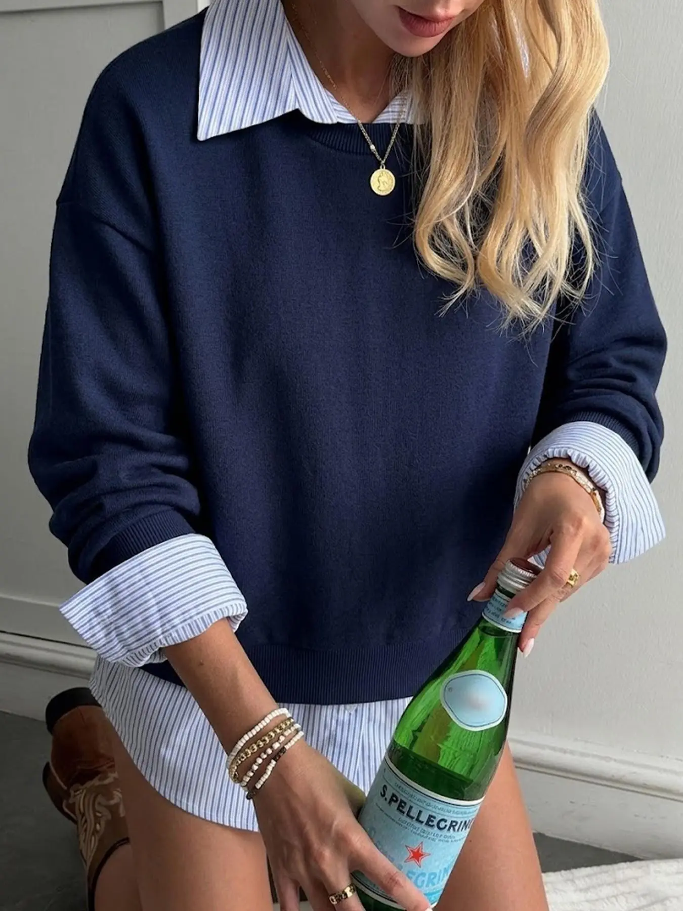 Women’s Preppy Layered Sweater and Striped Boxer Shorts 2 Piece Set, Oversized Baggy Crew Neck Pullover with Collared Shirt Detail for College Style, Lounge, Coffee Run, Weekend and Casual Streetwear Outfits