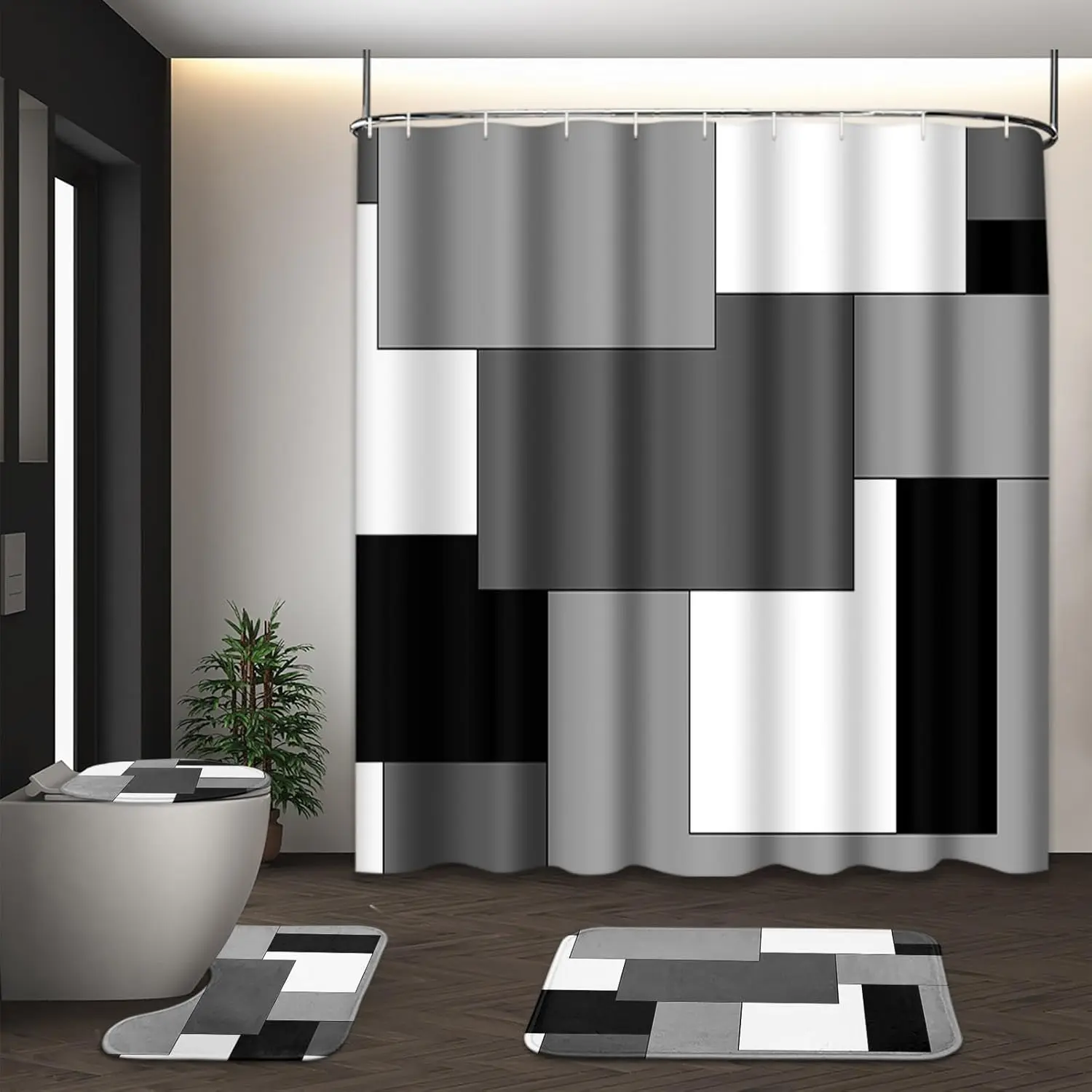 Shower Curtain Set, 4 Piece Modern Polyester Bathroom Decor with Grey Geometric Checkered Pattern, Non-Slip Rugs, and 12 Hooks, Bathroom Decor Set, Curtain Panel Set