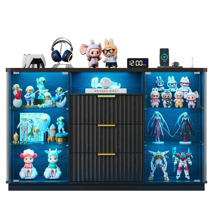 Lvifur Modern 40.5 in Rectangular MDF Wood Frame Display Cabinet - Human Sensor Sideboard Buffet with 3 LED Lights, 3 Drawers, Glass Shelves for Toys, Collectibles, Living Room, Study, White