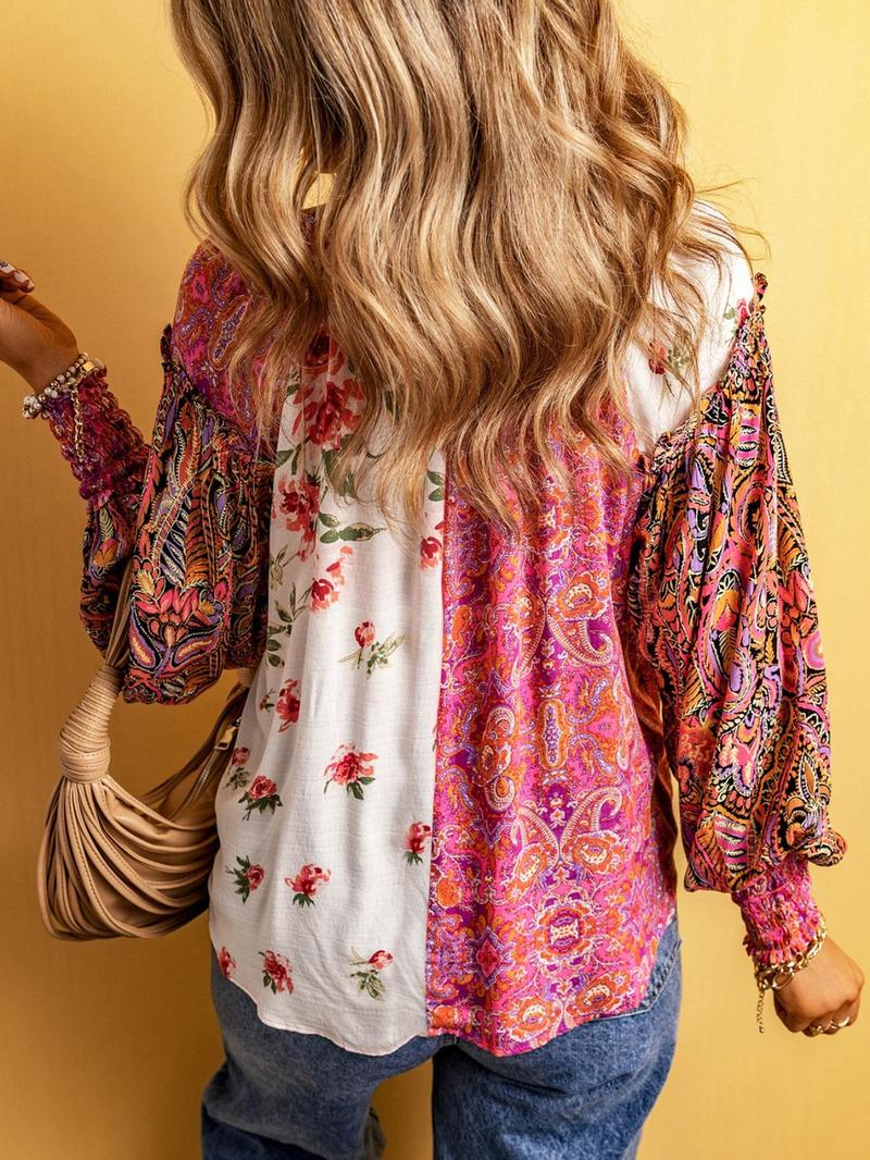 Women's Floral Print Frill Trim Shirred Notched Blouse, Boho Romantic Sleeve, Boho Bishop Sleeve Button Front Top for Spring & Fall, Women's Clothing for Daily Wear