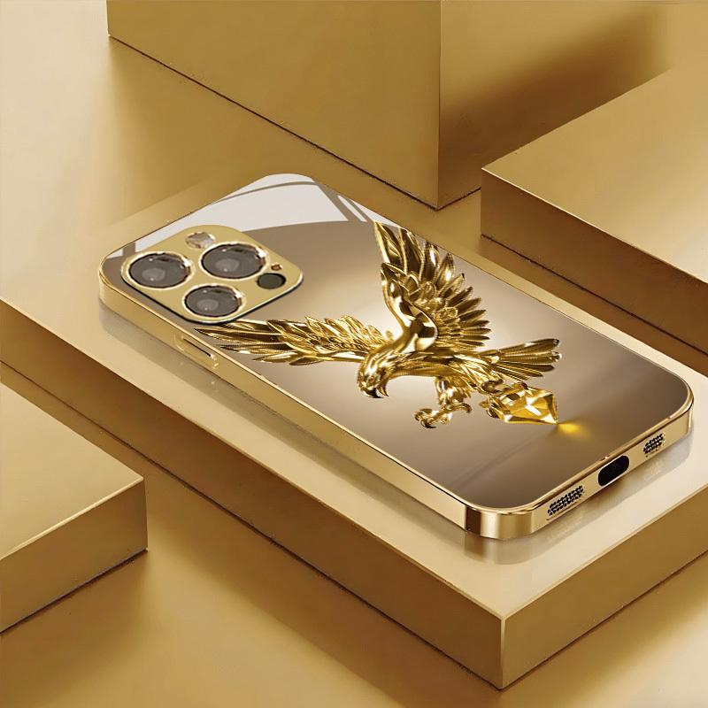 Versatile and stylish gold phone case with a golden eagle pattern, suitable for iPhone 17, 16, 15, 14, 13, 12, 11 Plus Pro Max