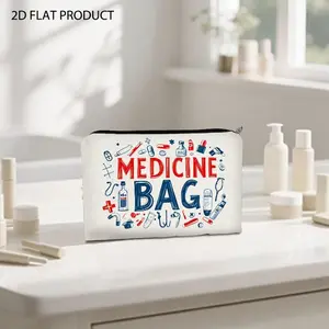 Playful Hand-drawn Medical Themed Cosmetic Bag, Double-sided Printed with Bold "MEDICINE BAG" Text & Healthcare Icon Patterns, 5.9*8.66inch Size, Portable Storage Pouch for Carrying Makeup Supplies and Daily Essentials