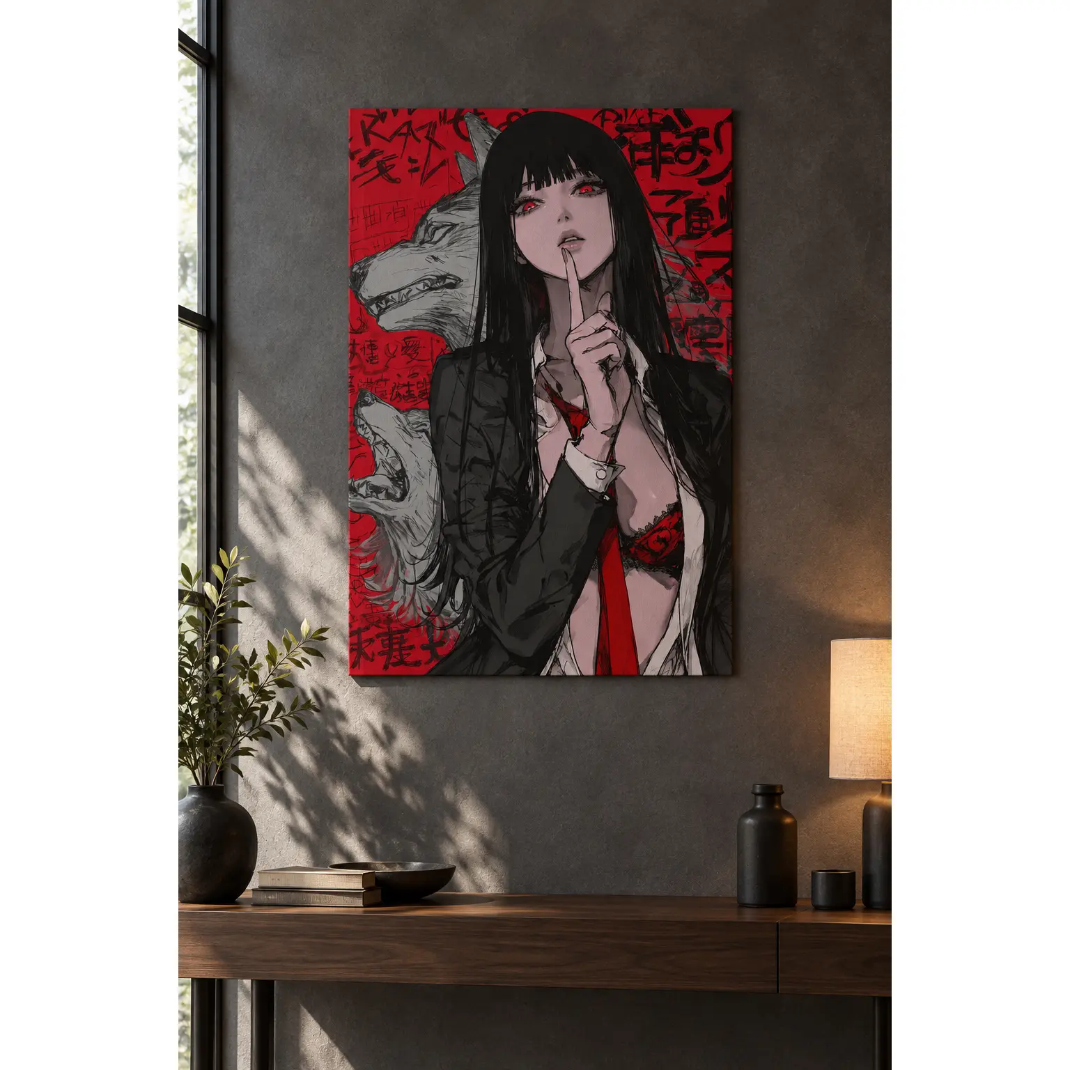 Red Eye Anime Girl Wolf Print Poster, Dark Gothic Decorative Wood Wall Art, Lightweight Home Decor for Bedroom, Black Hair Woman & Wolves Manga-Inspired Red-Black Gift