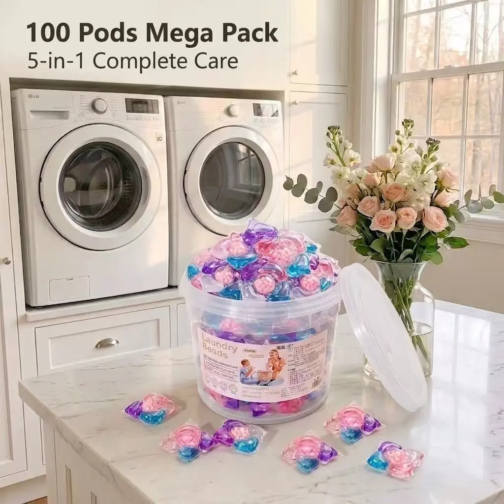 [Mega Value 100-Pack] 5-in-1 Laundry Capsules  Long-Lasting Floral Scent Pods, Deep Stain Removal & Color Protection for All Washers