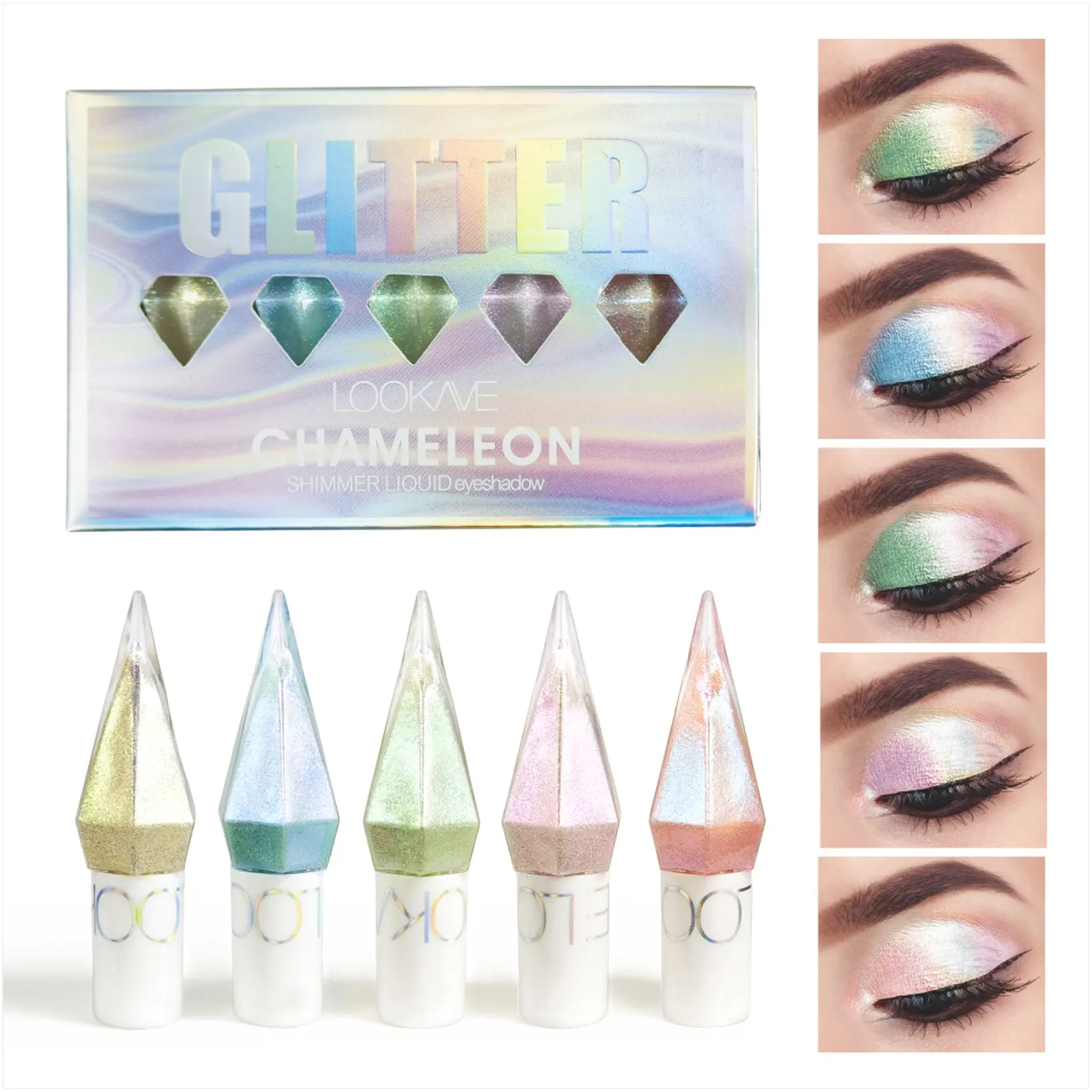 LOOKAVE 5 Colors Chameleon Liquid Glitter Eyeshadow Set, Multichrome Duochrome Color Shifting Metallic Shimmer Eye Shadow, Long Lasting Holographic Iridescent Liquid Eye Makeup for Party Festival Cosplay