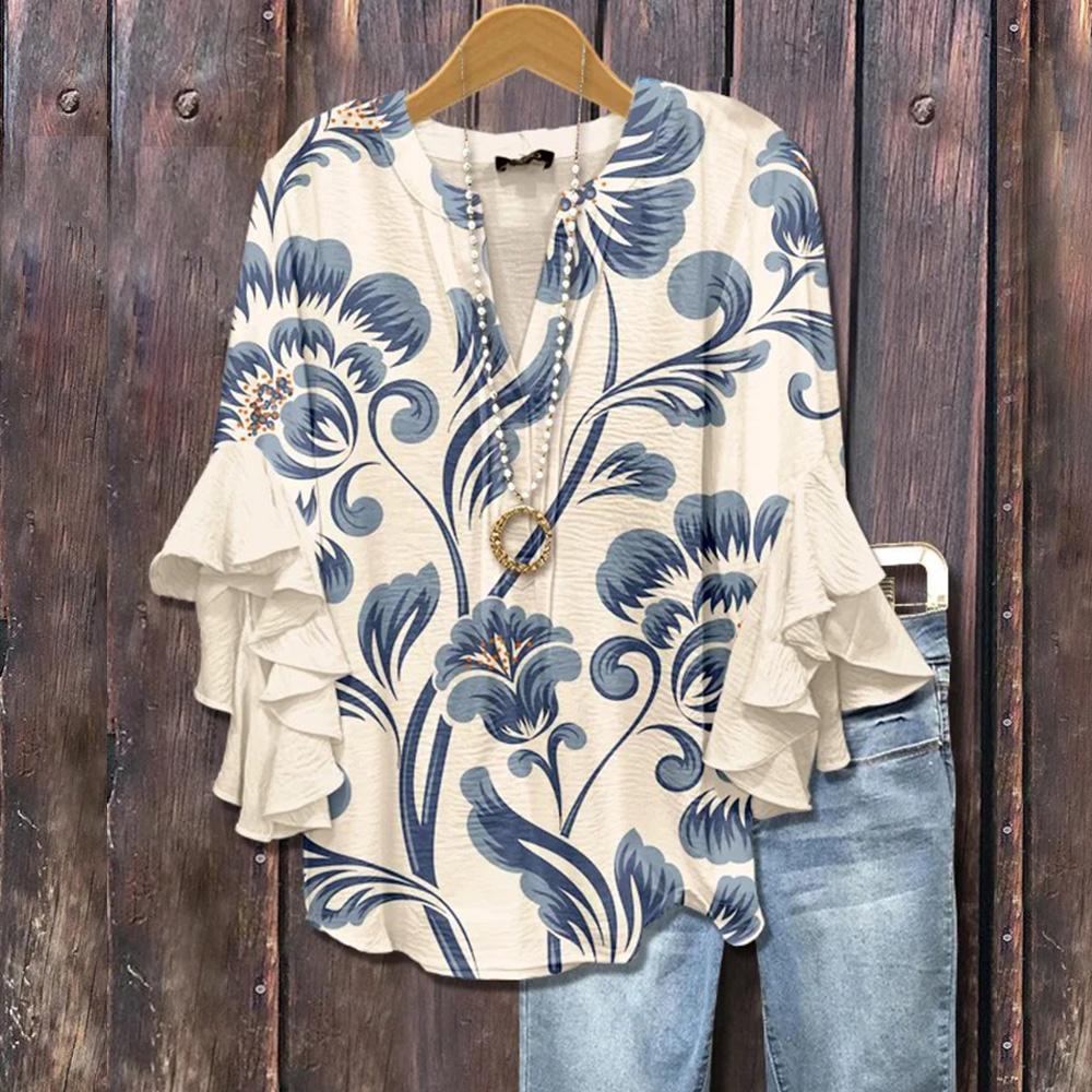 New2025Mixed Floral Print Ruffle Bell Sleeve Top Going Outfits Blouses Women Vintage 90s Tops Funny Shirts Women Elegant Classy Tops Blouse