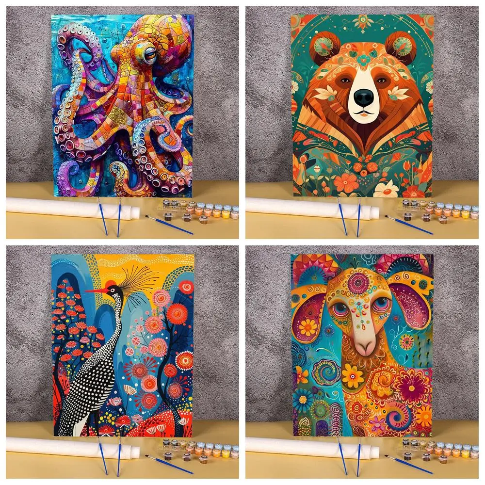 Mexican Folk Art Animal Paint by Numbers Kit, Colorful Octopus Bear Crane Sheep Floral Mandala DIY Canvas Painting Set, Vibrant Holiday Gift for Living Room Wall Decor, Relaxing Handcraft Art for Folk Art Lovers Beginners
