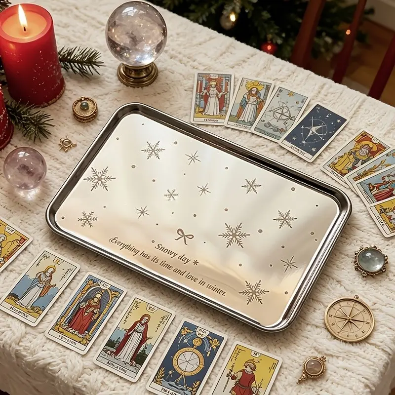 Stainless Steel Snowflake Bow Pattern Square Tarot Tray, Cake Dessert Coffee Tray, Kitchen Decor, Jewelry Holder, Vintage Style Storage Tray