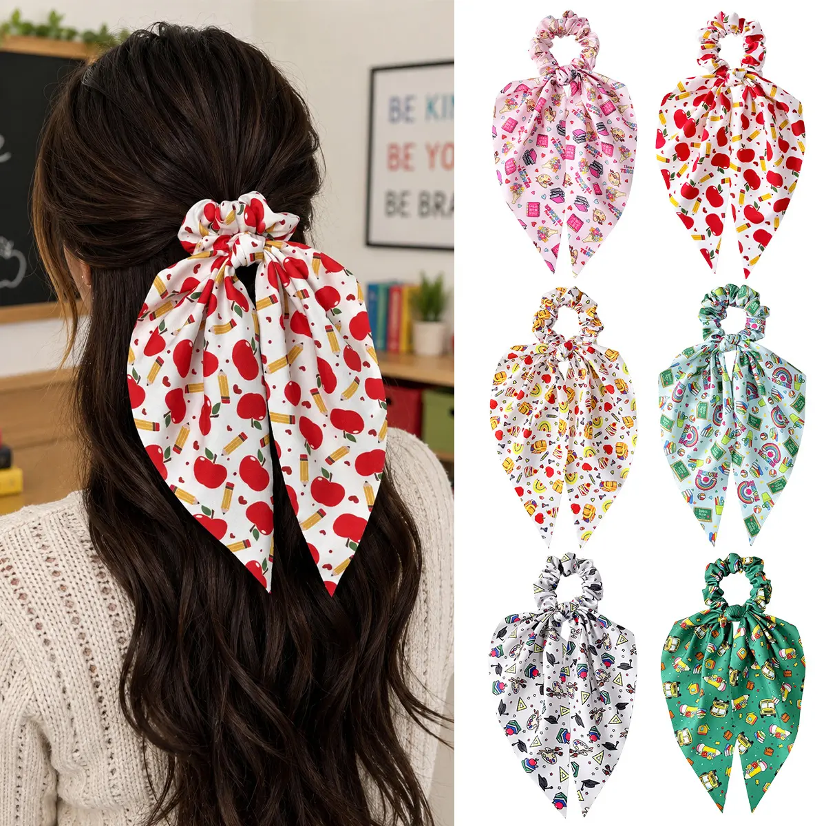 6PCS Scarf Scrunchies for Teen Girls, Back to School Graphic Print Satin Ponytail Holders with 28cm Long Streamers for Middle School