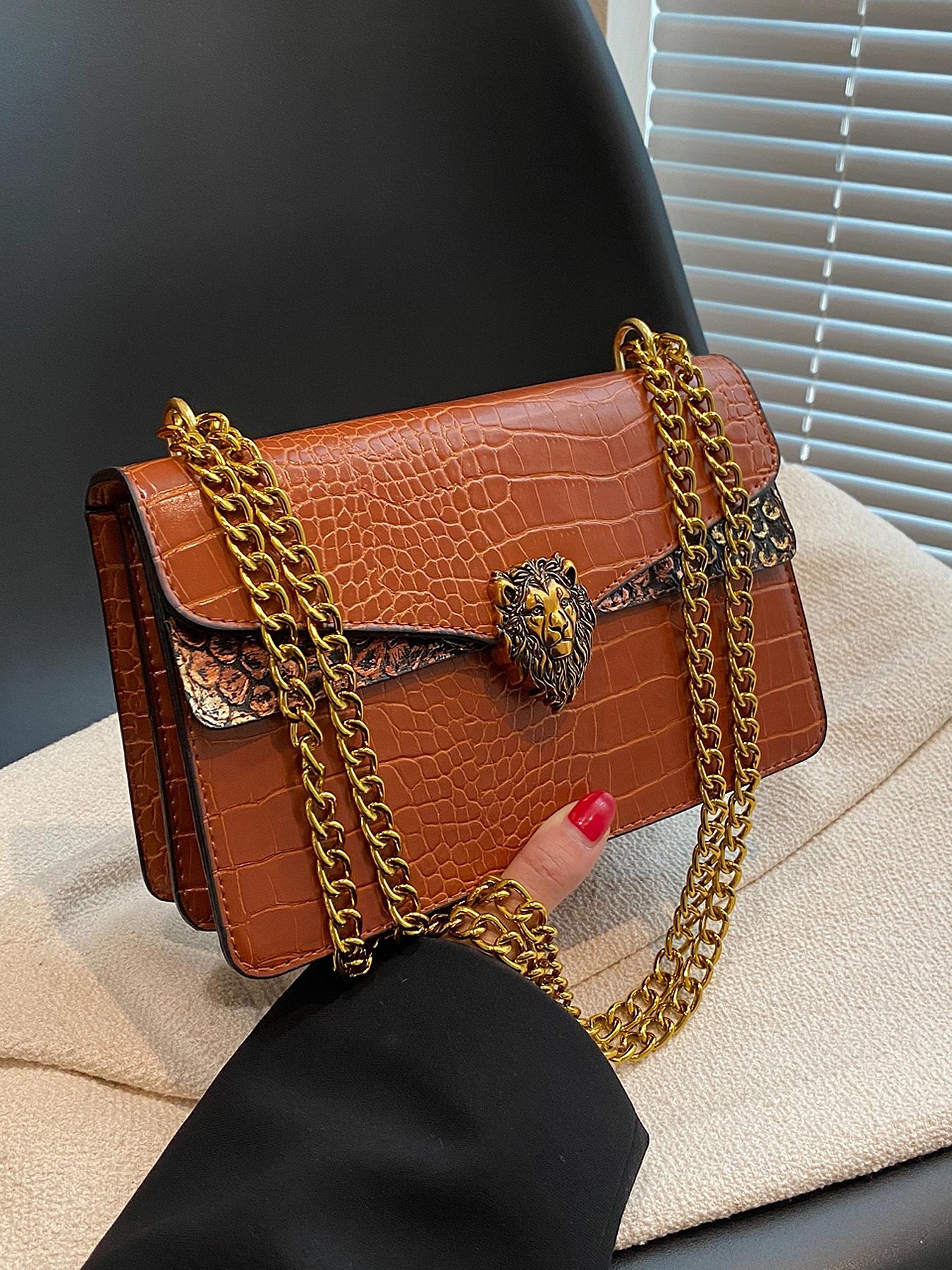 Women's Elegant Crocodile Embossed Crossbody Bag, Fashion Lion Head Decor Shoulder Bag for Daily Used, Casual Trendy Versatile High-quality Daily Commuting Bag, Chain Crossbody Bags