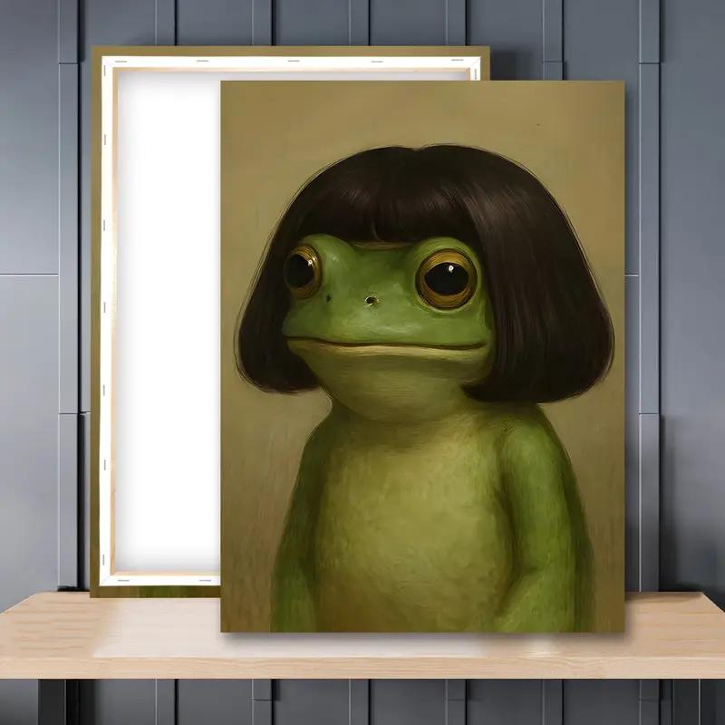 1pc Wooden-Framed Whimsical Frog Portrait Poster - Vibrant Cartoon Design, Green Frog with Bob Haircut Canvas Art, Whimsical Home Decor for Bathroom, Bedroom Wall Decoration
