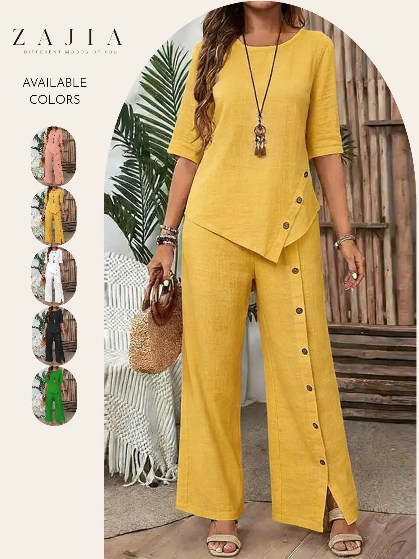 Women's 2 Piece Set, Casual Round Neck Tunic Top and Wide Leg Pants, Baggy Loose Fit Summer with Button Detail, Ideal for Vacation & Daily Wear, Clothes