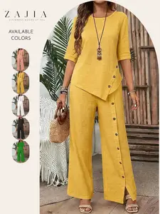 Women's 2 Piece Set, Casual Round Neck Tunic Top and Wide Leg Pants, Baggy Loose Fit Summer with Button Detail, Ideal for Vacation & Daily Wear