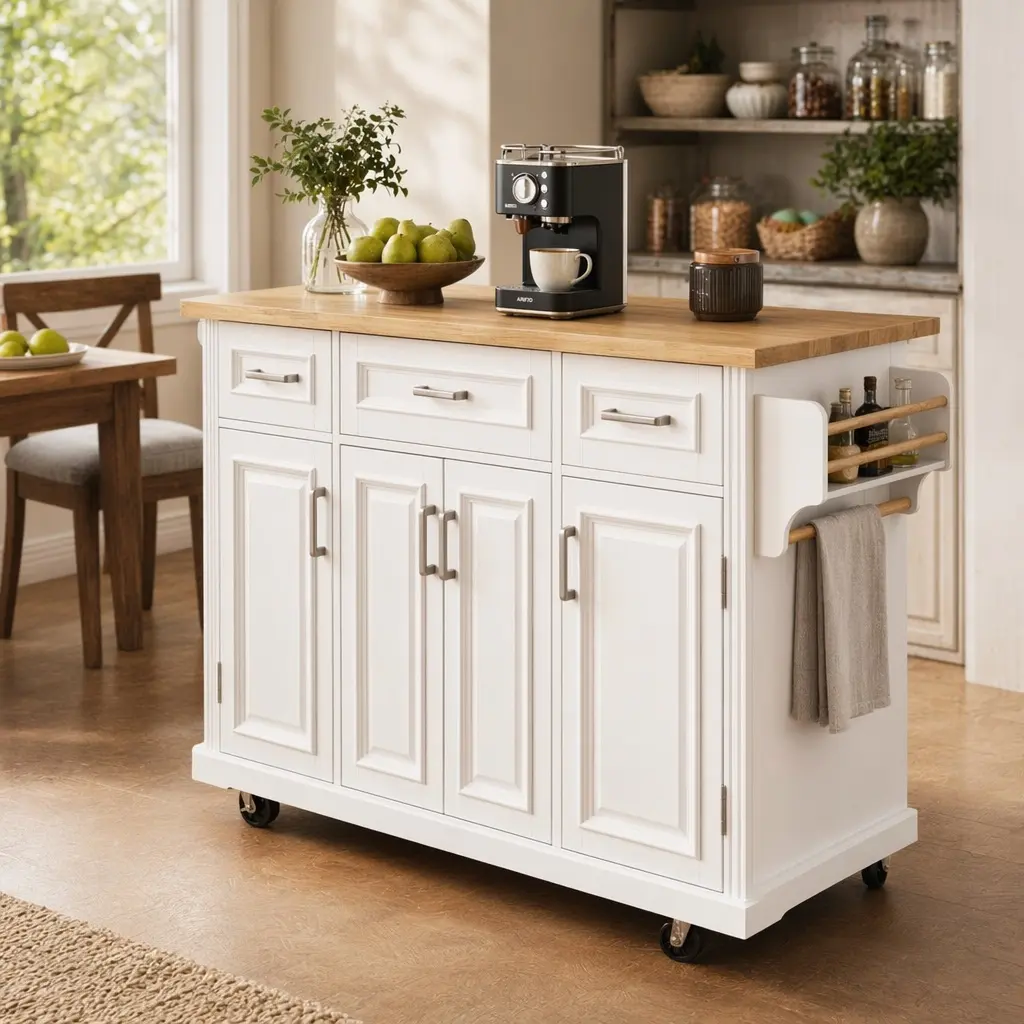 ARCH 54in Large Kitchen Island with Drop Leaf Rubber Wood Top, Rolling Kitchen Cart on Wheels with 4 Doors 3 Drawers, Mobile Kitchen Storage Cabinet for Dining Room, Multiple Color Options, Grey Blue, Black/Grey+Blue/White Color Options