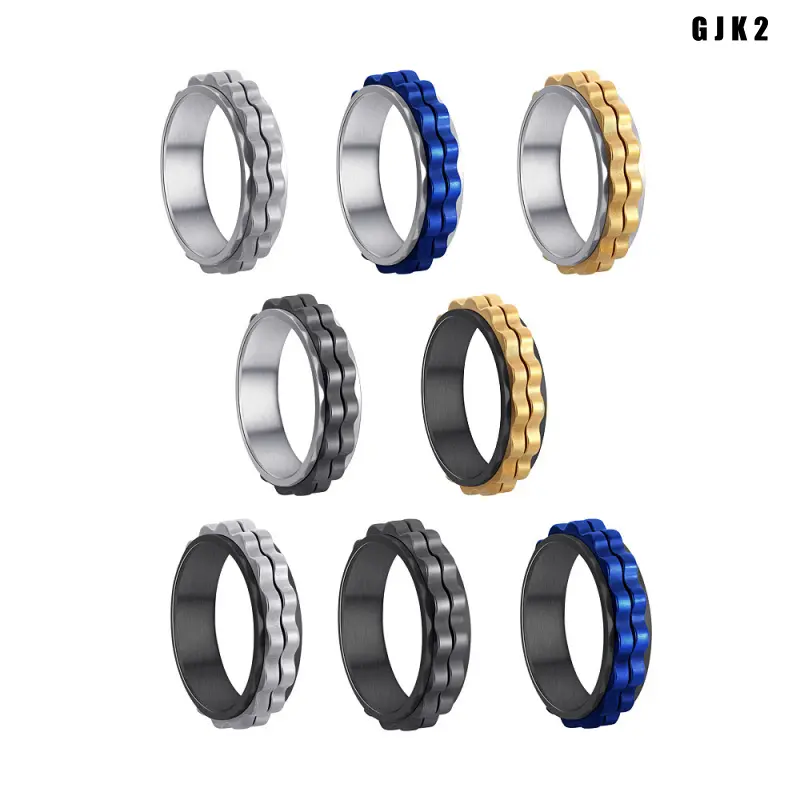 Multi‑Tone Chain Textured Spinner Band Ring, Rotatable Fidget Stress Relief Finger Ring, Grooved Chain‑Pattern Anxiety‑Relief Rotating Ring, Polished Comfort‑Fit Unisex Statement Band Ring, Fashion Stackable Daily Jewelry Accessory for Casual Party Holida