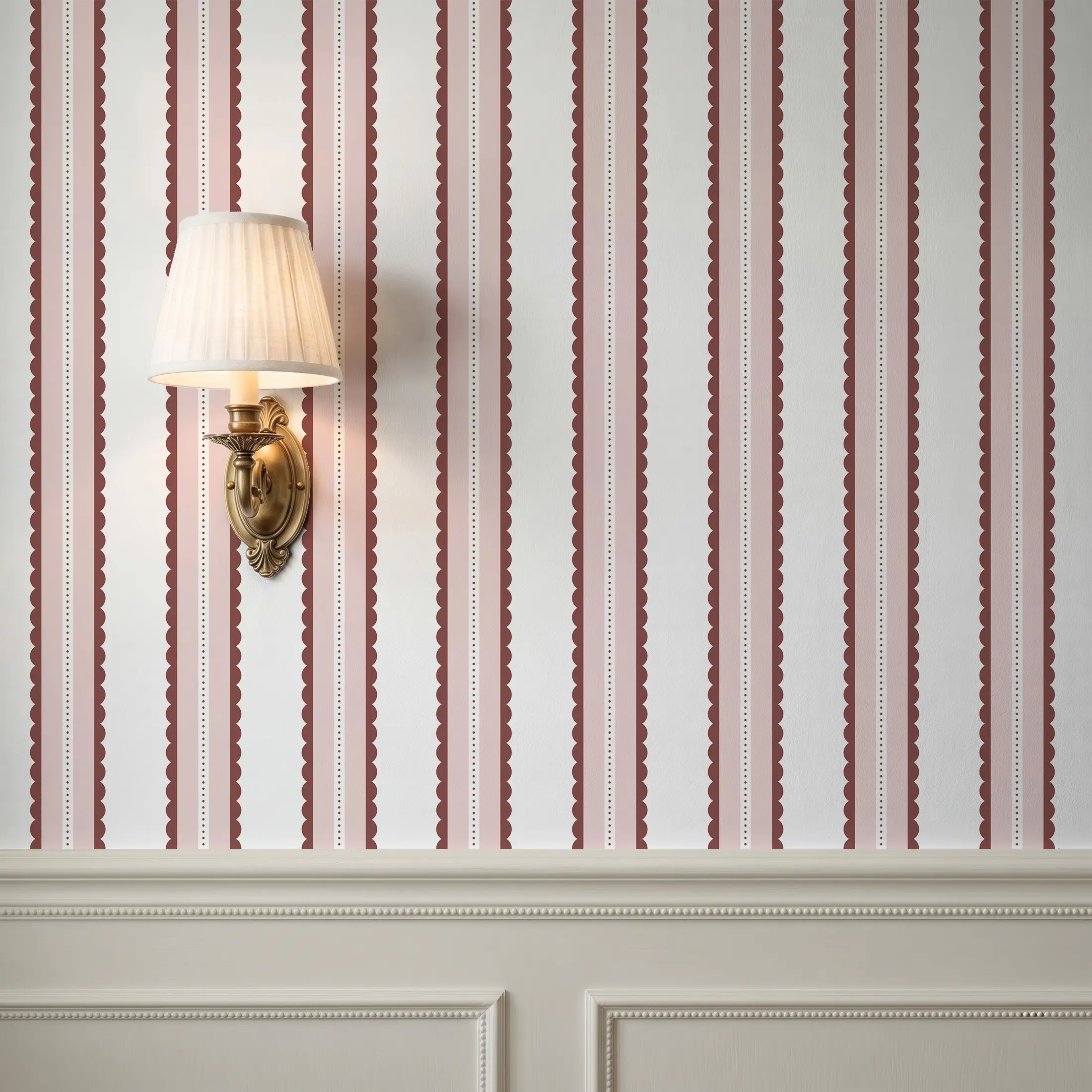 Vintage Bohemian Wallpaper Roll, Wine /blue Scallop Stripes, Self-Adhesive Waterproof Removable Wall Paper, Easy Install for Bedroom Living Room, Peel and Stick Wallpaper Boho