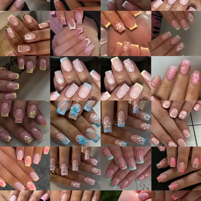 576pcs French Press-On Nails, Floral Design, Flower Nails, Medium Size, Acrylic Material, Includes Gel Glue & Nail Files, Perfect for Summer, Women & Girls, DIY Fake Nails
