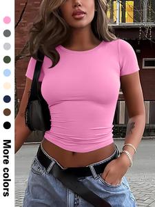 women's solid round neck crop tee, fashion casual crew neck short sleeve t-shirt for daily holiday vacation outdoor wear, ladies clothes for all seasons, shortsleeve tshirt, womenswear,  summer tops