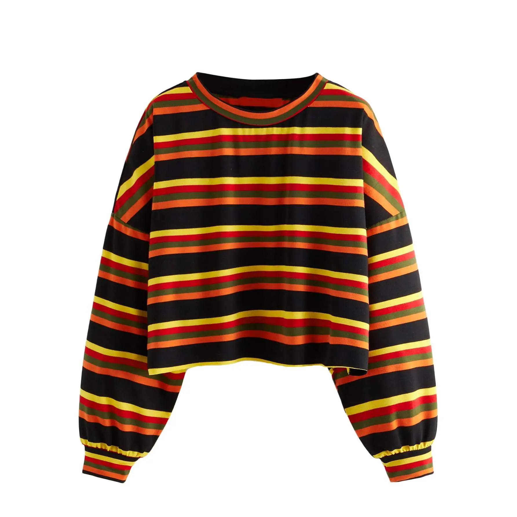 Plus Size Crew Neck Long Sleeve Striped Oversize Pullovers Crop Top, Tee Fall Clothes