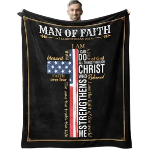 Christian Man of Faith Bible Verse Flannel Blanket, American Flag Cross Soft Warm Plush Throw for Bedroom Sofa Decor, Father's Day Gift for Adults and Children, Kid-Friendly Christmas Holiday Gift